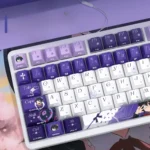 Close-up of Rikka Takanashi side-lit PBT keycaps set, showcasing vibrant anime art and translucent legends from a unique angle, adding fantasy charm.