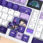 A collection of Rikka Takanashi keycaps set, showcasing vibrant anime art and translucent side-lit PBT legends from various angles. This premium set bring unique touch.