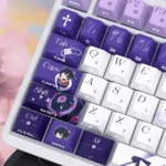 Vibrant Rikka Takanashi side-lit PBT anime keycaps set, displaying character art and translucent legends from multiple angles. A playful premium upgrade.
