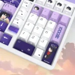 A collection of Rikka Takanashi PBT keycaps set with vibrant anime art and unique side-lit legends, showcasing the full set from various charming angles.