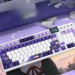 A vibrant Rikka Takanashi keycap set with side-lit PBT anime art, evoking a charming, fantasy-inspired keyboard aesthetic.