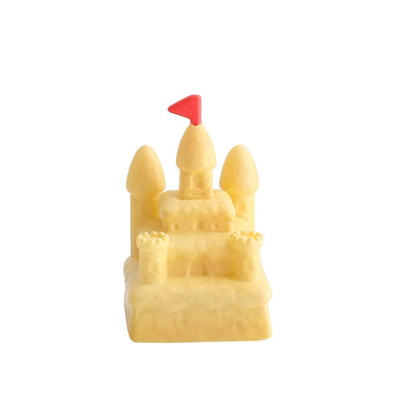 Artisanal 3D sandcastle resin keycap gallery, showcasing the intricately sculpted miniature sandcastle from various angles, evoking serene beach joy.