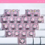 Adorable Sanrio translucent MAO profile Supplement Keycap Set, featuring cute heart accents and characters, viewed from various angles with vibrant pastel backlight design.