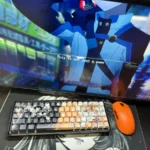 Close-up of the playful SAO Kirito & Asuna PBT side-lit shine-through keycap set, showcasing iconic characters and vibrant side-printed legends.