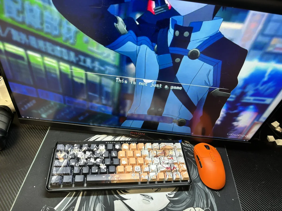 Close-up of the playful SAO Kirito & Asuna PBT side-lit shine-through keycap set, showcasing iconic characters and vibrant side-printed legends.