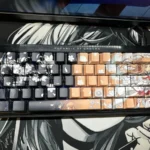 Playful SAO Kirito & Asuna PBT side-lit shine-through keycap set, showcasing iconic Sword Art Online characters and vibrant side-printed legends.
