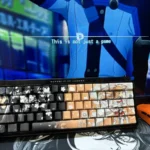 Playful SAO Kirito & Asuna PBT side-printed shine-through keycap set, showing iconic characters and vibrant legends from various angles.