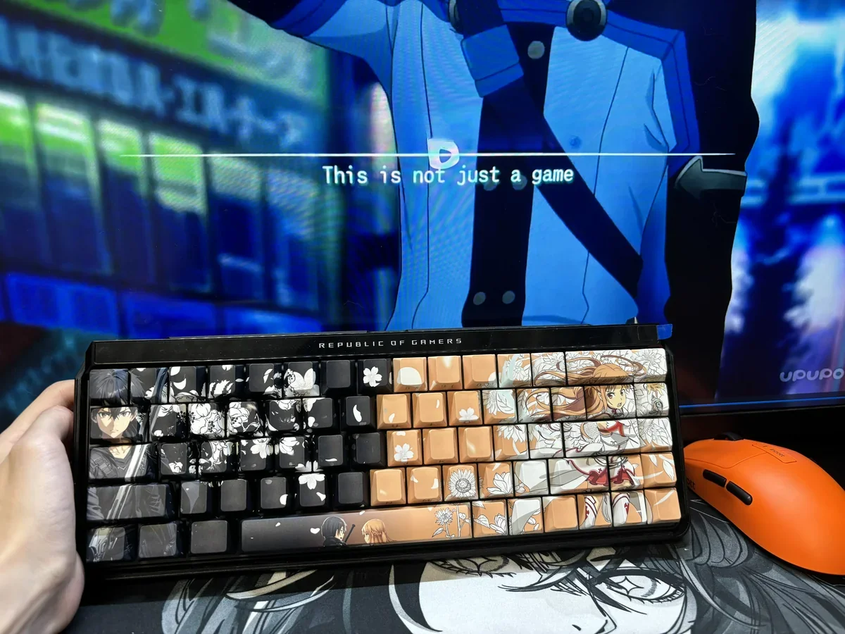 Playful SAO Kirito & Asuna PBT side-printed shine-through keycap set, showing iconic characters and vibrant legends from various angles.