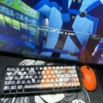 A delightful SAO Kirito & Asuna PBT side-lit shine-through keycap set, featuring iconic Sword Art Online characters from various angles, highlighting anime motifs.