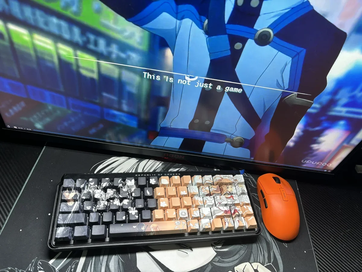 A delightful SAO Kirito & Asuna PBT side-lit shine-through keycap set, featuring iconic Sword Art Online characters from various angles, highlighting anime motifs.