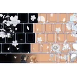SAO Kirito & Asuna PBT side-lit shine-through keycap set shown from multiple angles, highlighting vibrant side-printed legends and character details.