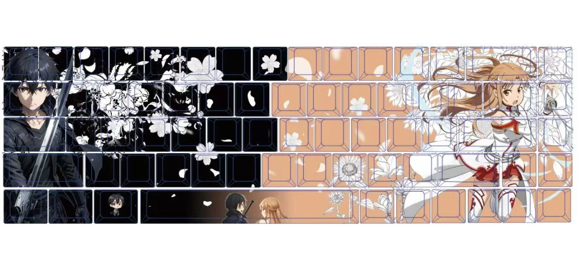 SAO Kirito & Asuna PBT side-lit shine-through keycap set shown from multiple angles, highlighting vibrant side-printed legends and character details.