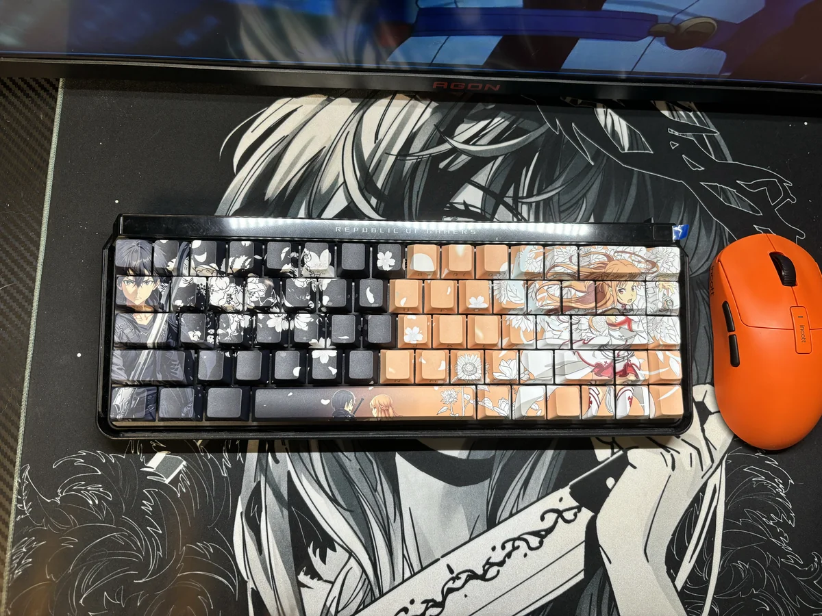 Playful SAO Kirito & Asuna PBT side-lit shine-through keycap set featuring iconic Sword Art Online characters and vibrant legends.