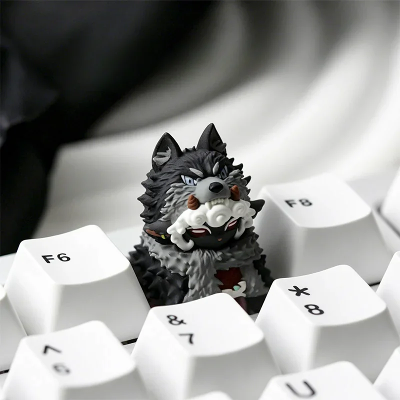 Detailed side view of the unique Scavenger Wolf artisan ESC keycap, a handcrafted resin masterpiece with an intricate, rustic post-apocalyptic wolf design.