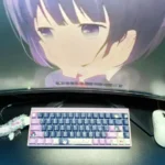 Exclusive Scum's Wish Hanabi Yasuraoka PBT keycaps set, displayed from multiple angles, showcasing character elements and the anime's melancholic color pallete.