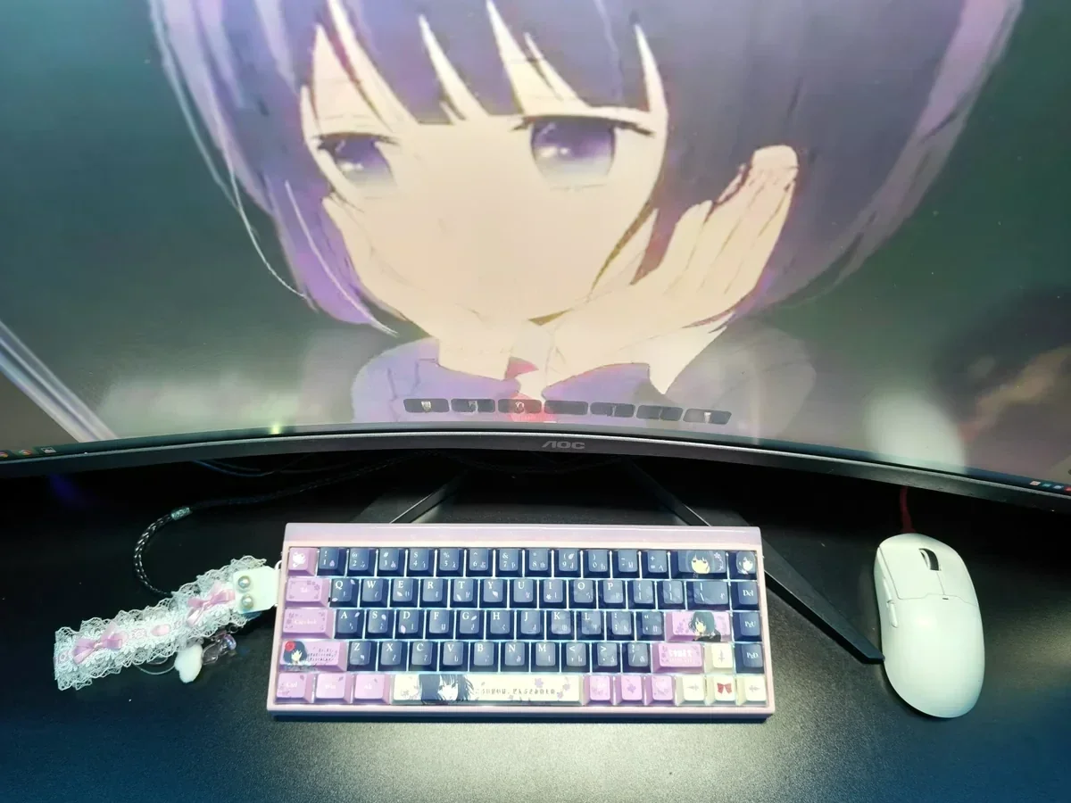Exclusive Scum's Wish Hanabi Yasuraoka PBT keycaps set, displayed from multiple angles, showcasing character elements and the anime's melancholic color pallete.
