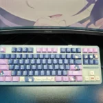 Exclusive Scum's Wish Hanabi Yasuraoka PBT keycap set from various angles, highlighting artistic character details and the melancholic anime color pallete.