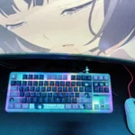 Scum's Wish Hanabi Yasuraoka PBT keycaps set displayed from various artistic angles, showcasing the exclusive anime theme with melancholic colors and character design.