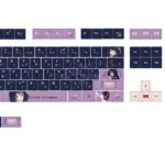 Artistic Scum's Wish Hanabi Yasuraoka PBT keycap set from multiple angles, highlighting its melancholic color palette and exclusive character details.