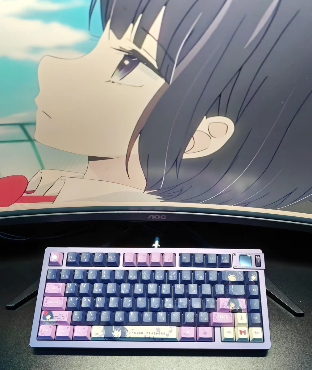 Exclusive Scum's Wish Hanabi Yasuraoka PBT keycap set, artistically presented. Features anime's melancholic palette and character details.