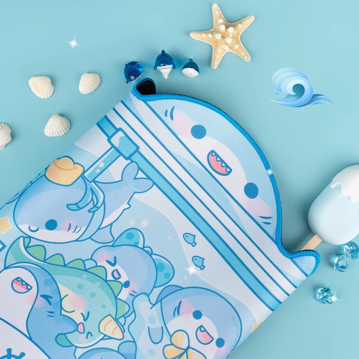Whimsical Shark Claw Machine Desk Mat showcasing its extra large size and playful design with adorable sharks inside an arcade claw machine, perfect for a fun theme setup.