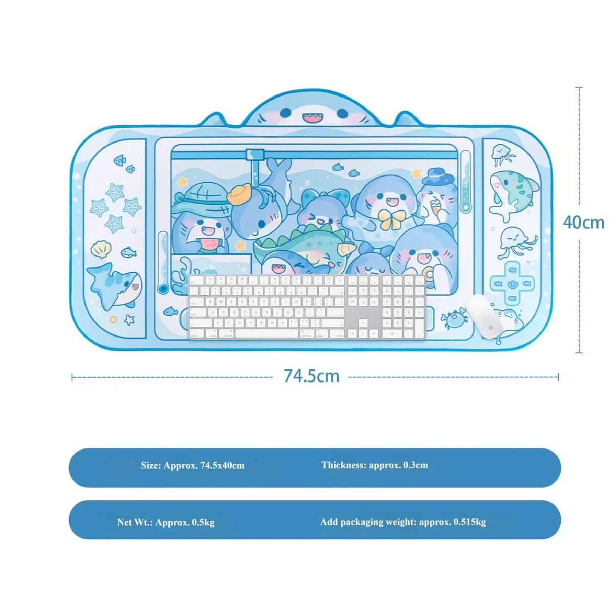 Whimsical Shark Claw Machine Desk Mat, extra-large. Playful design with adorable shark prizes in an arcade game. Offers comfort and vibrant style.