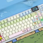 Playful Shin-chan PBT side-lit keycaps set shown from multiple angles, emphasizing durable PBT and vibrant Crayon Shin-chan designs for nostalgic backlight.