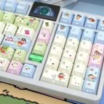 Multiple angles of Shin-chan PBT side-lit keycaps set, displaying durable PBT and vibrant Crayon Shin-chan characters. Perfect for playful nostalgia.