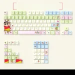 Playful full set of Shin-chan PBT side-engraved keycaps set, featuring vibrant, translucent Crayon Shin-chan characters for nostalgic backlighting fun.