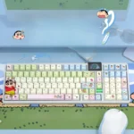Playful Shin-chan PBT side-lit keycaps set showcasing vibrant Crayon Shin-chan characters, perfect for a nostalgic, backlit keyboard.