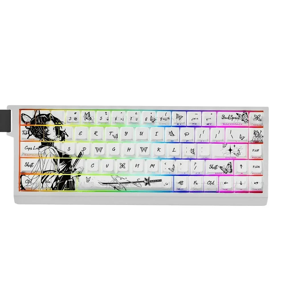 Exclusive Shinobu Kocho Demon Slayer PBT dye-sub keycaps set in vibrant teal, showcasing elegant butterfly motifs from various artistic angles.