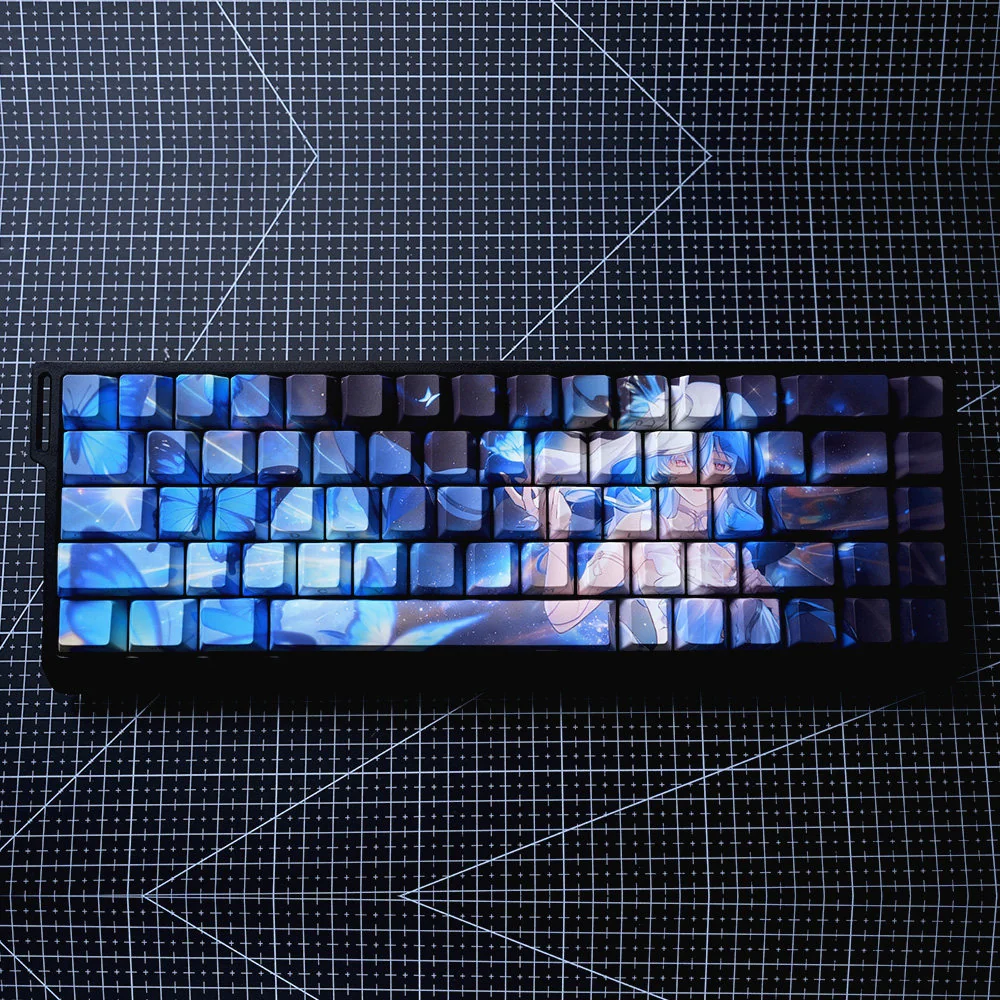 Captivating Wuthering Waves Shorekeeper PBT dye-sub keycaps set featuring a premium mystical guardian aesthetic with deep ocean hues and rugged textures.