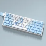 Shorekeeper PBT keycaps set, showcasing side-lit translucent legends and a serene coastal theme from multiple angles, highlighting the clean Cherry profile.