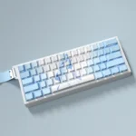 Shorekeeper PBT Keycaps set, showcasing luminous side-lit translucent legends and clean Cherry profile tops from a distinct angle, embodying the serene design.