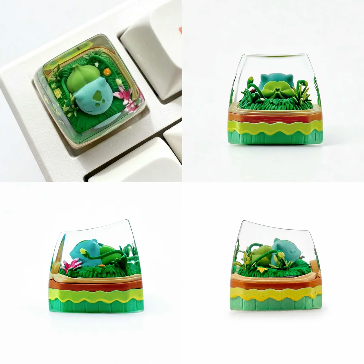 Side view of handcrafted Bulbasaur SA profile Pokémon artisan keycap. Vibrant Bulbasaur encased in translucent resin.