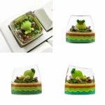 Artistic close-ups show the handcrafted resin Pokemon Turtwig SA keycap from various angles, glowing vibrantly with keyboard backlighting。