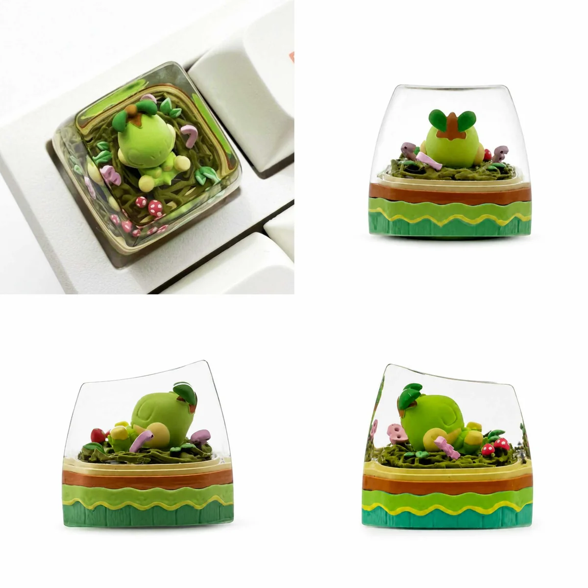 Artistic close-ups show the handcrafted resin Pokemon Turtwig SA keycap from various angles, glowing vibrantly with keyboard backlighting。