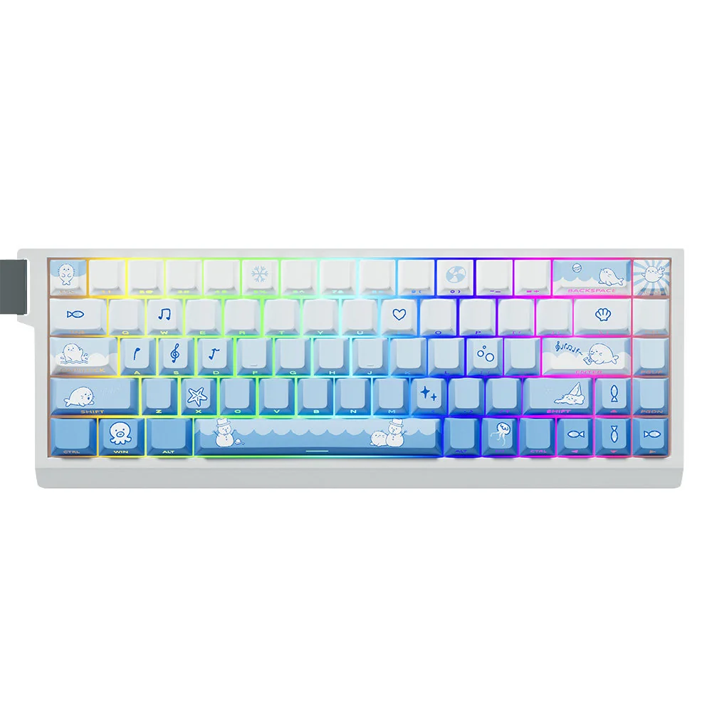 Artistic gallery view of unique Snowflake Seal PBT Dye-Sub keycaps set. Observe the charming blue gradient and whimsical snowflake motifs from a detailed.