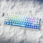 A close-up view of the unique Snowflake Seal PBT Dye-Sub Keycaps Set, showcasing their charming blue gradient and whimsical snowflake motifs from various angle.