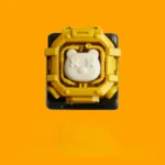 A playful, artisan handcrafted space capsule resin keycap, detailed with a miniature bear and heart, seen from a unique angle, emphasizing its premium setup.