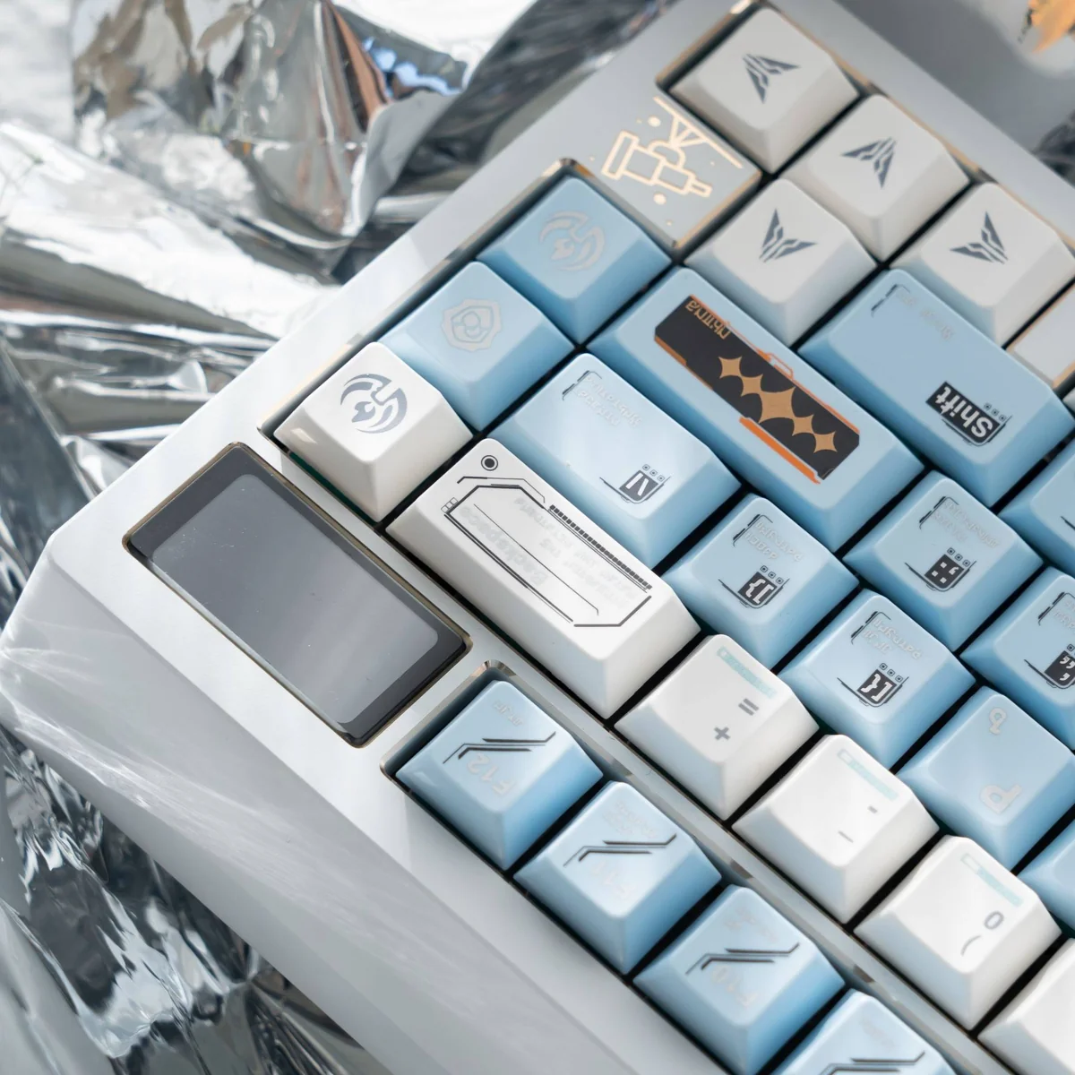 Multiple angles of SpaceStation PBT keycaps set showcasing their durable build and intricate cosmic command center design for a premium keyboard upgrade.