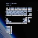 SpaceStation PBT keycaps set gallery: durable PBT and bold, futuristic space station design shown from various angles for a cosmic command upgrade.