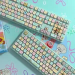 Vibrant SpongeBob PBT Dye-Sub keycap set shown from various angles, featuring iconic characters and playful Bikini Bottom details, perfect for Alice keyboard.