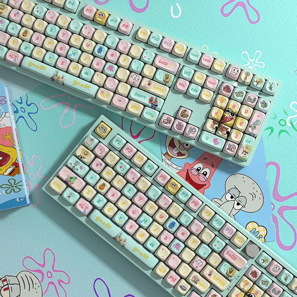 Vibrant SpongeBob PBT Dye-Sub keycap set shown from various angles, featuring iconic characters and playful Bikini Bottom details, perfect for Alice keyboard.