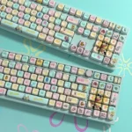 Showcasing the iconic SpongeBob PBT Dye-Sub Keycap Set from various angles, revealing vibrant Bikini Bottom characters and elements, ideal for Alice keyboard.