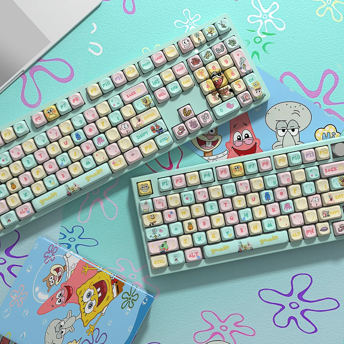 Iconic SpongeBob PBT Dye-Sub Keycap Set for Alice keyboards, vibrant with cheerful characters and Bikini Bottom elements, bringing playful joy.