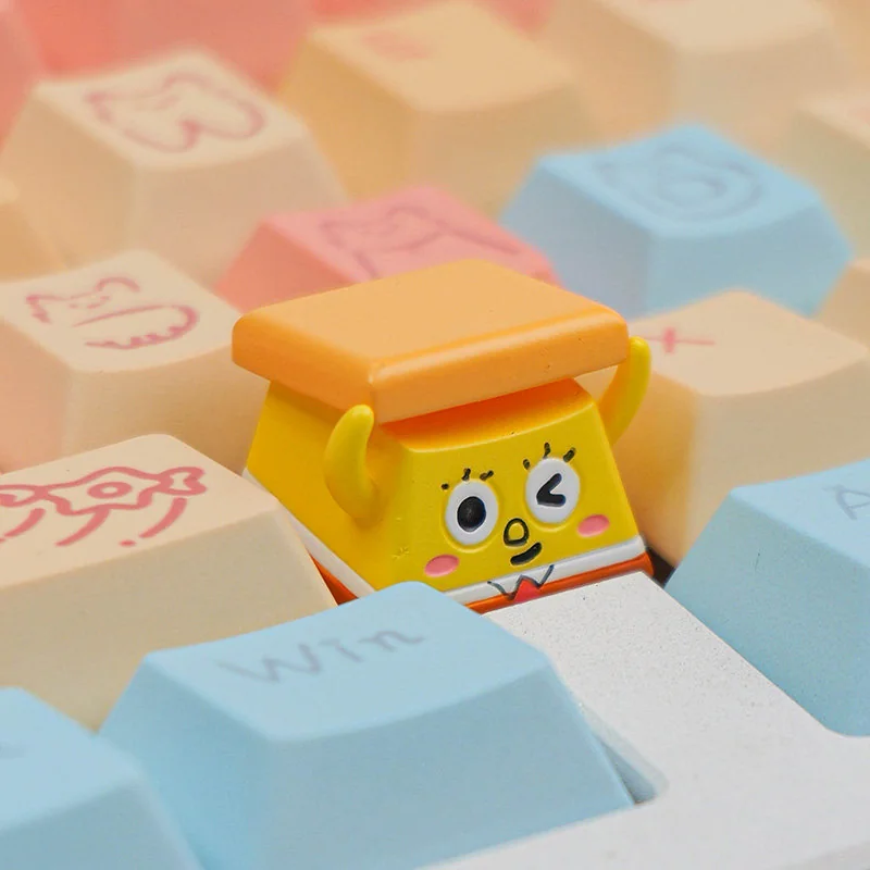 Main image of a vibrant, whimsical SpongeBob keycap, featuring an iconic cartoon character playfully peeking from a mechanical keyboard.