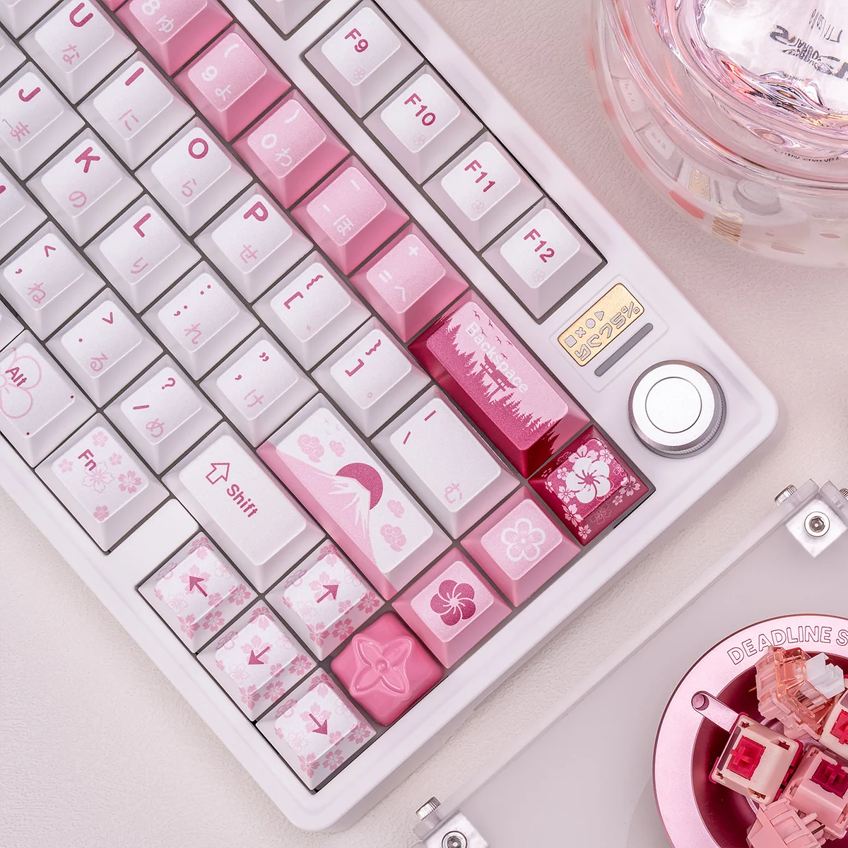 Artistic view of the Spring Bloom Keycap Set, highlighting soft hues, delicate spring blossoms, and its luminous pearlescent shines.