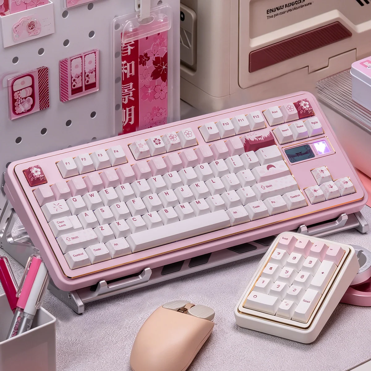 Exquisite Spring Bloom Keycap Set, featuring delicate blossoms and a luminous finish, beautifully displayed from multiple angles.