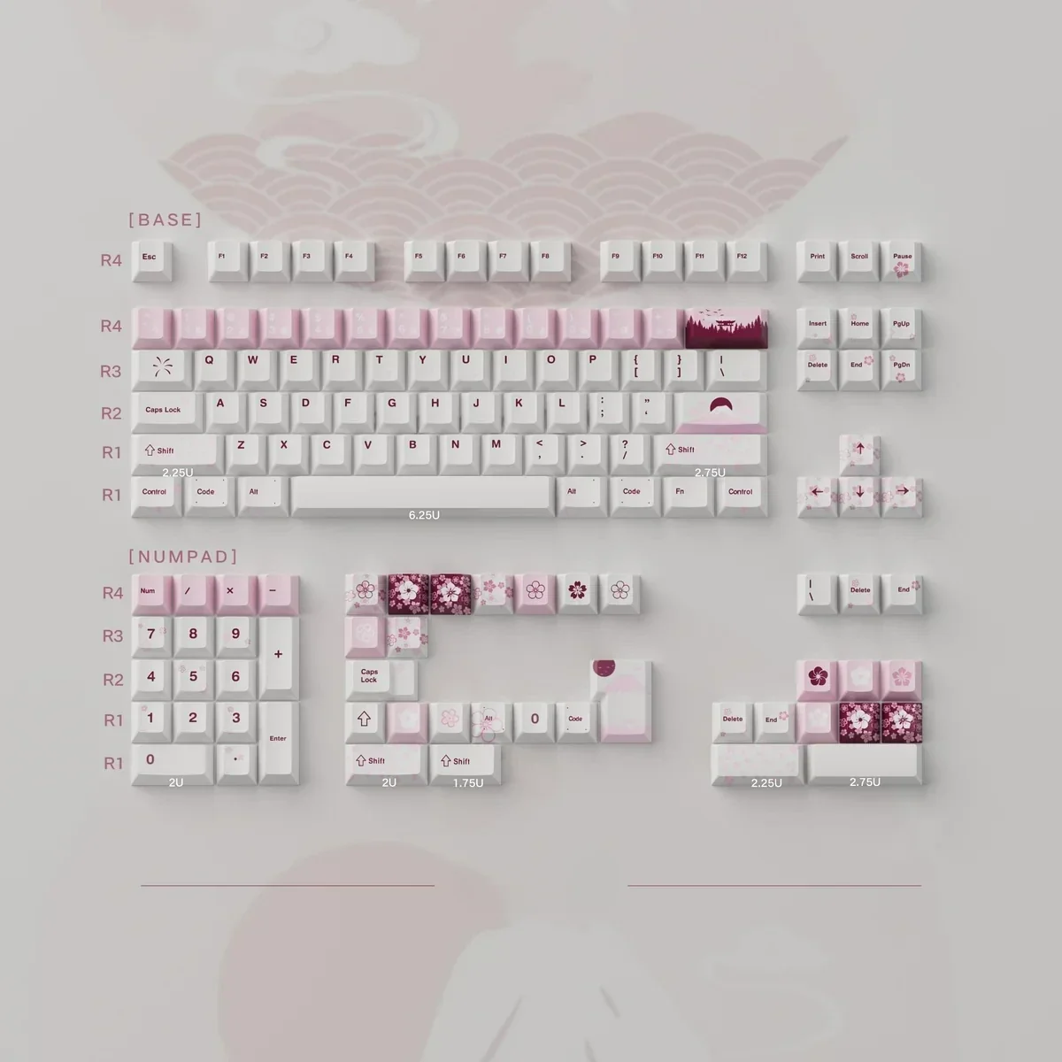 Spring Bloom PBT keycap set showcasing delicate blossoms and a luminous finish, evoking a serene spring harmony.